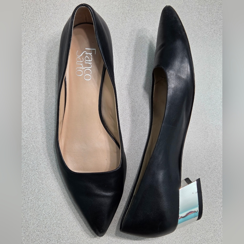 Franco Sarto Vincenza Black Low   Metallic Silver Heel –  Sz 7.5 Quiet Luxury
